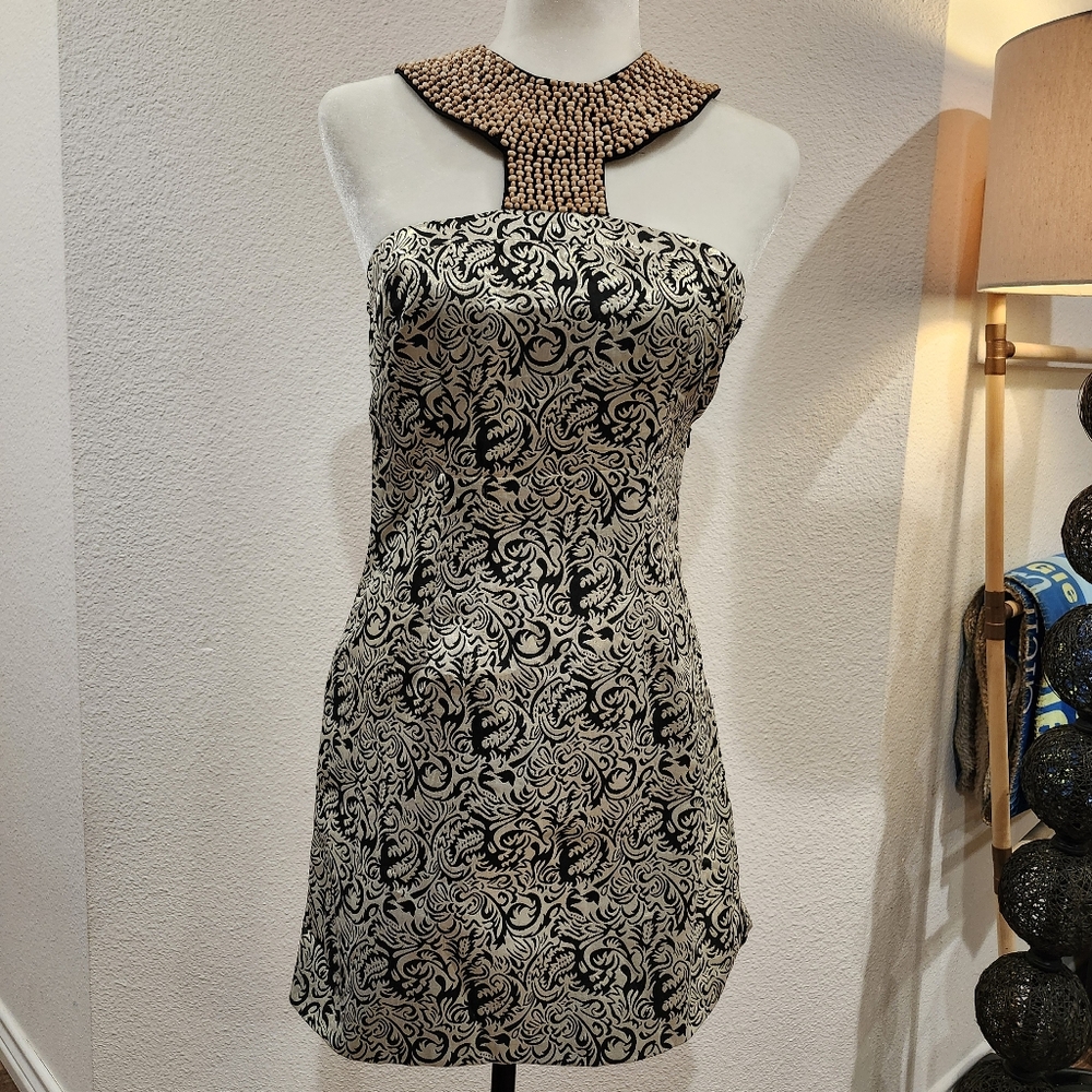 Brown Jacquard Mini Dress with Wood Bead Collar